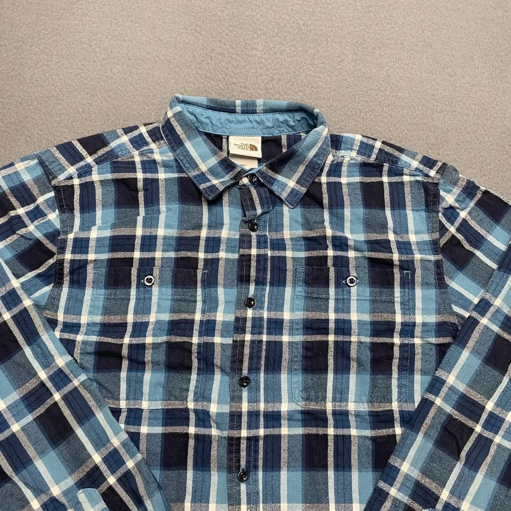 North Face Shirt Mens Large Blue Plaid Flannel‎ Button Down Outdoor Casual